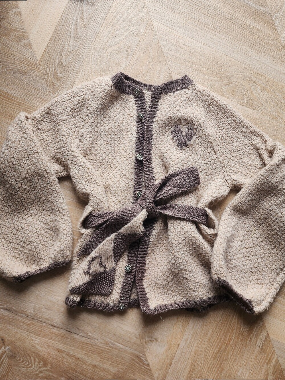Incredible Handmade Knitted Heart Theme Cardigan with Belt